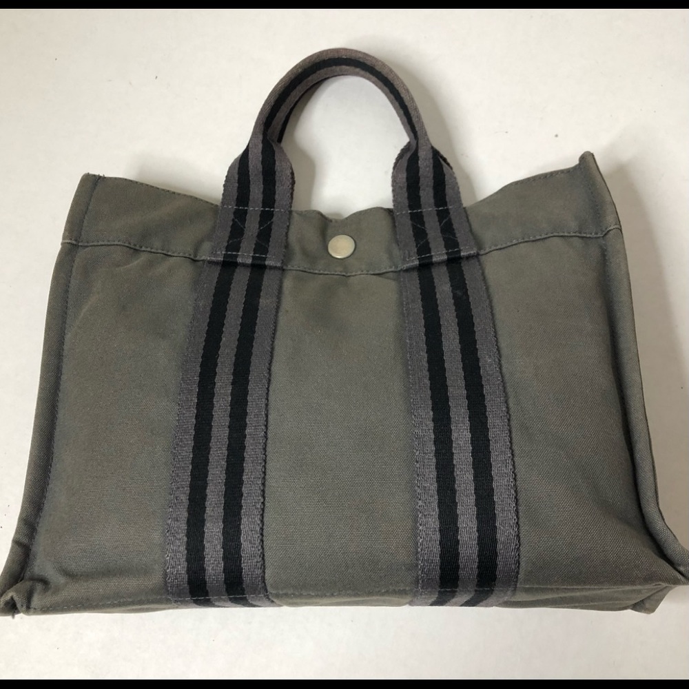 Authentic 🌷HERMES Vintage Canvas Tote Dark Gray with Gray/Black Striped Handle